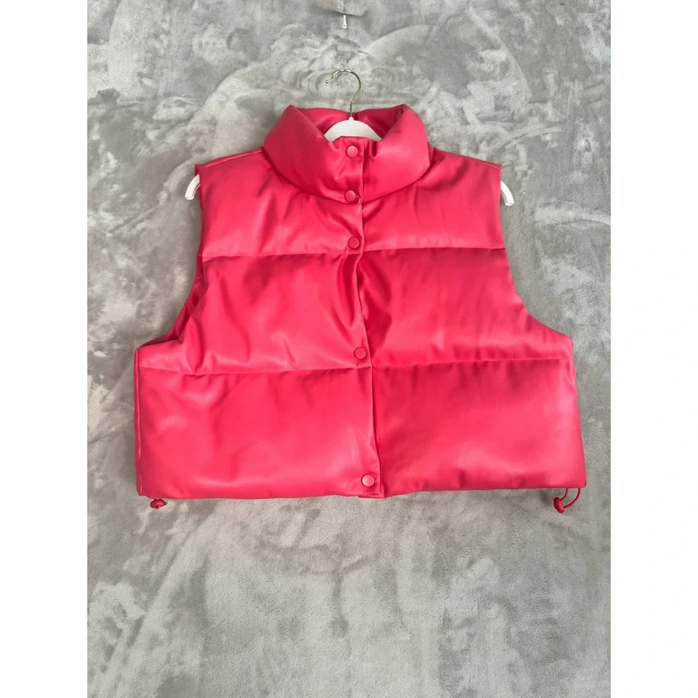 Simply Southern Kids Puffer Vest Pink Faux Leather Collared Button Front‎ Size L